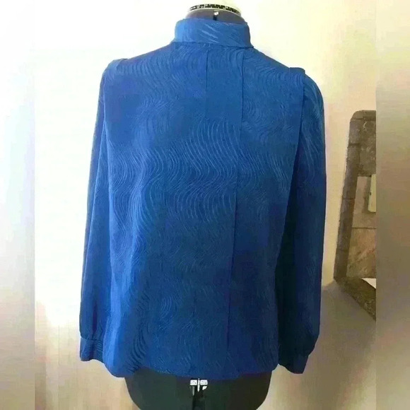VTG 80s Blue Polyester Front Pleated Long Sleeve High Collar Blouse Women Large - Picture 3 of 9